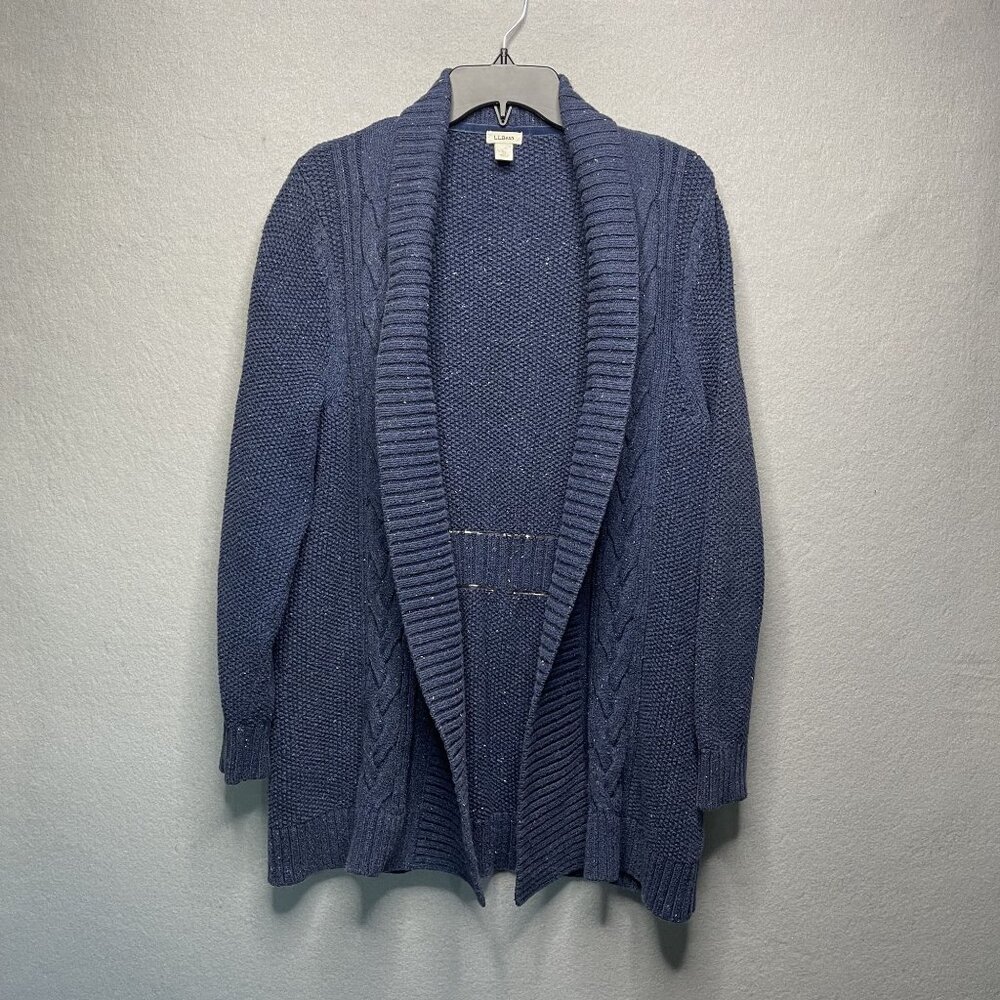 L.L.Bean Womens XL Petite Blue Textured Knit Open Front Cardigan Sweater